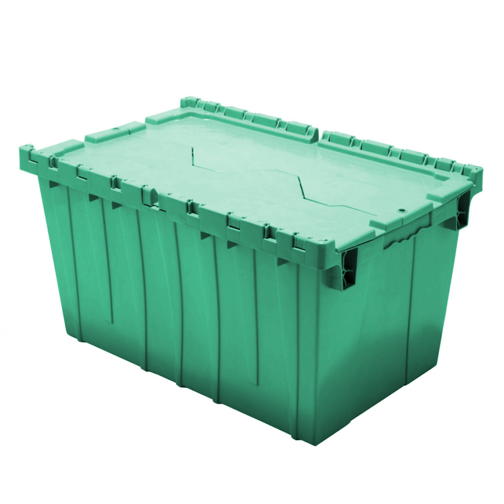 Cola Crates green plastic moving crate with attached lid